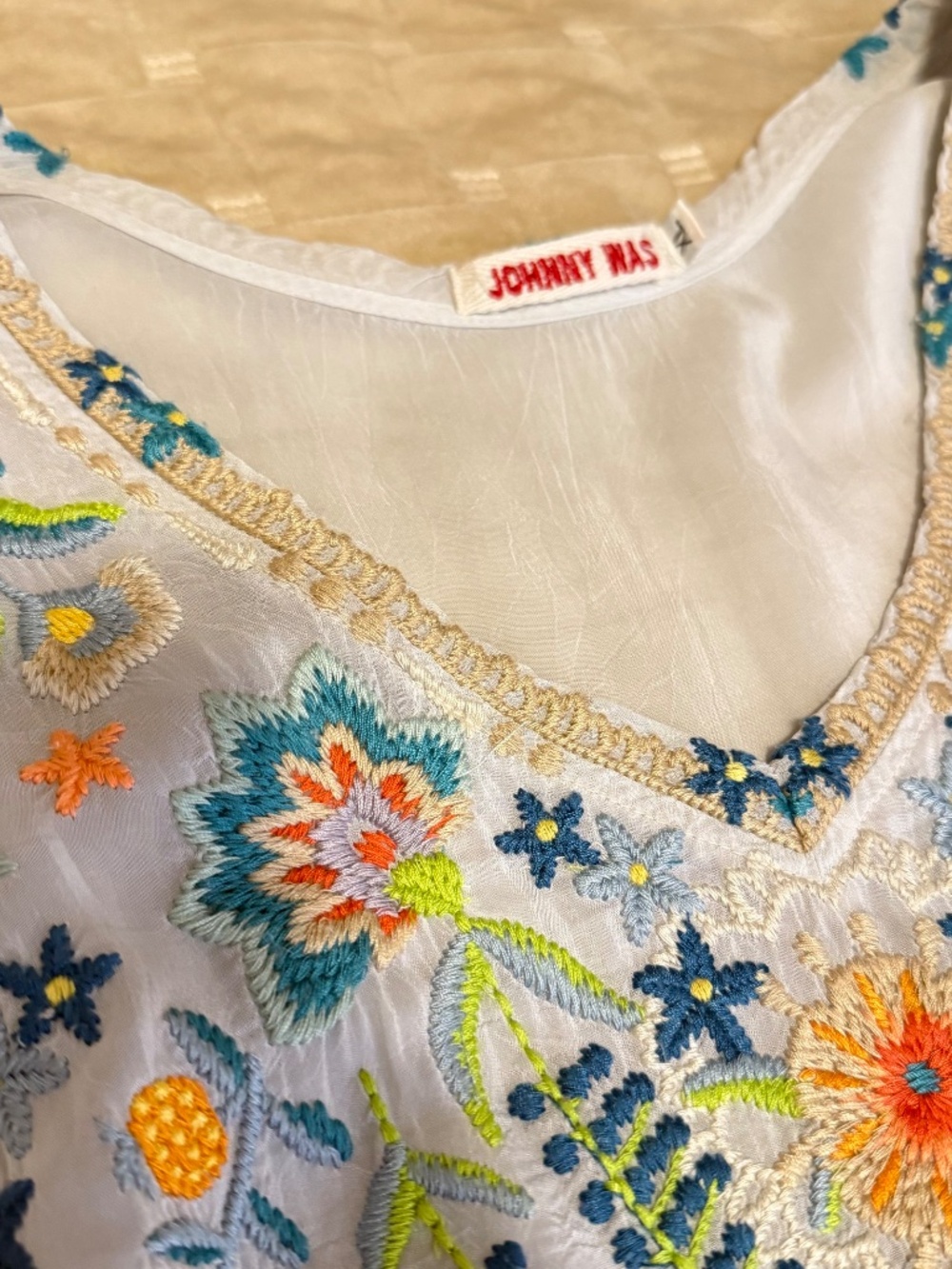 JOHNNY WAS boho embroidered v-neck peasant blouse; subtle blue; XL - Picture 6 of 9